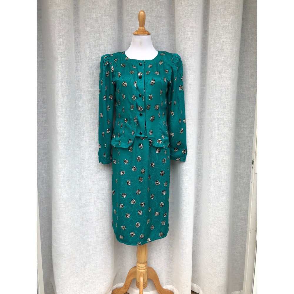 Jeannene Booher Maggy London Silk Turquoise Floral pattern Dress top Skirt set